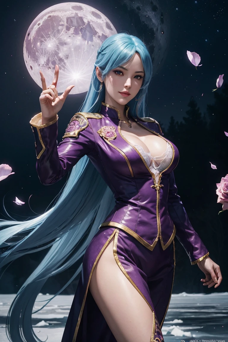 KOF,King of Fighters,Cooler・diamond,woman,Red Eyes,Light Blue Hair,long hair,Purple long jacket,Beautiful white skin,Photorealistic,Ultra HD,high quality,masterpiece,Digital SLR,Detailed details,Intricate details,Anatomical basis,Depicted in detail,A detailed face,Realistic skin texture,Vivid details,Perfect Anatomy,Perfect Anatomy,Anatomically correct hand,Anatomically correct fingers,Super Detail,Complex 3D rendering,Sexy pose,Fantasy worldview,Beautiful pale full moon,,Beautiful night sky,The petals of the ice rose flutter,Picturesque,Pink Lips,smile,