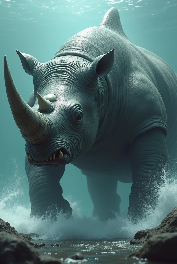 Create a realistic photograph of a muscular and fearsome animal that is a shark mixed with a rhinoceros.