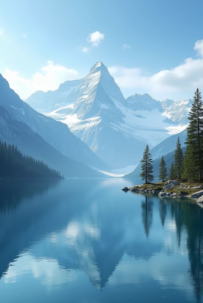 

"Generate a serene and breathtaking image of a majestic white mountain range, with snow-covered peaks stretching towards the sky. In the foreground, a crystal-clear lake reflects the stunning scenery like a mirror, with every detail of the mountains, trees, and sky perfectly duplicated in its calm waters. The mountains should be capped with a layer of pristine snow, and the surrounding trees should be lush and green, with some bare branches stretching towards the sky. The sky above should be a brilliant blue, with just a few wispy clouds drifting across it. The atmosphere should be peaceful and tranquil, with a sense of stillness and quiet contemplation. Use a color palette of icy blues, snowy whites, and earthy greens to evoke a sense of natural wonder and majesty.