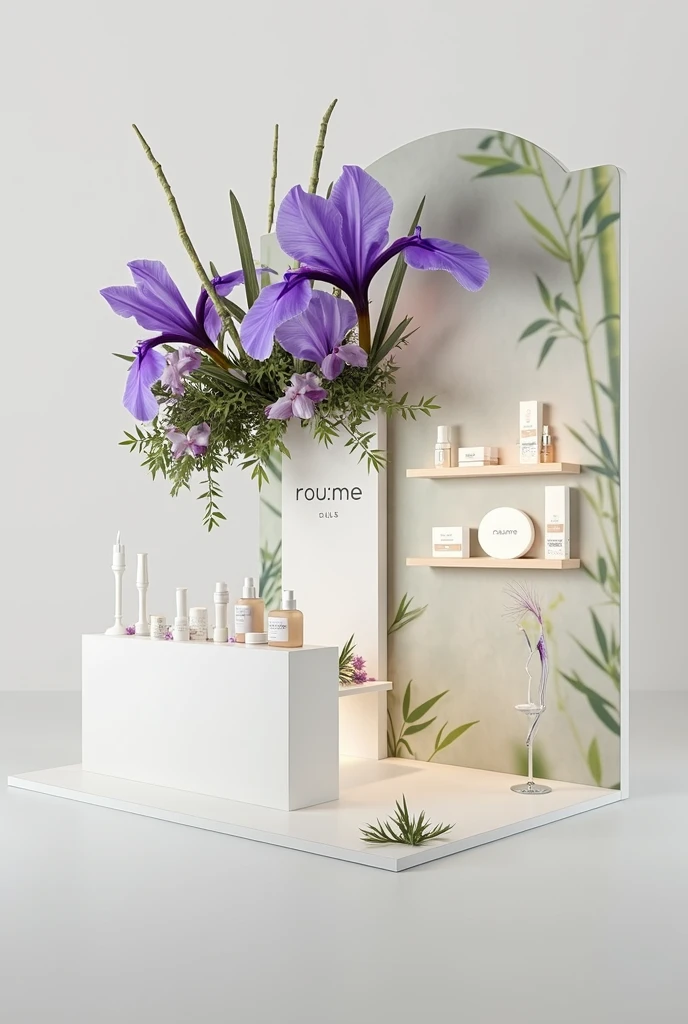 An Exhibition booth at a flea market for a cosmetic brand name ROU:ME. Backdrop is similar style as the picture I uploaded and a lot of flowers, leaves, bamboo, violet Irys, Birch, etc. It should be where people can stand to take photos. In front of the booth or in the middle of the booth is some white display stand to show the products. It should be convenient for Visitor flows and a table to scan facial skin of each visitor