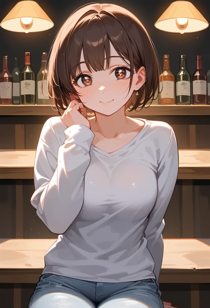 (masterpiece, Highest quality, Very detailed) (One person:1.5),Nene Kasaki々、Shiny brown hair, short hair, (Beautiful brown eyes、Sparkling eyes, fine grain)、smile、Very fine eye、Very detailed顔, Very detailed目,Cowboy Shot、 8k, Highest quality, Realistic photos, Realistic details, Clear Face, Delicate facial features, Real Skin Glow, pretty girl, shy, To the camera, Sitting at a bar, She is wearing a grey mesh tights sweater and tight jeans., Clear Bar Background,, She's at the bar, arms resting on the counter, Hip, the body is slim, charm, Seductive eyes