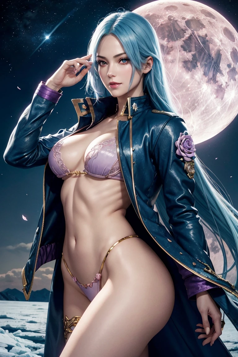 KOF,King of Fighters,Cooler･diamond,woman,Red Eyes,Light Blue Hair,long hair,Purple long jacket,Beautiful white skin,Photorealistic,Ultra HD,high quality,masterpiece,Digital SLR,Detailed details,Intricate details,Anatomical basis,Depicted in detail,A detailed face,Realistic skin texture,Vivid details,Perfect Anatomy,Perfect Anatomy,Anatomically correct hand,Anatomically correct fingers,Super Detail,Complex 3D rendering,Sexy pose,Fantasy worldview,Beautiful pale full moon,,Beautiful night sky,The petals of the ice rose flutter,Picturesque,Pink Lips,smile,