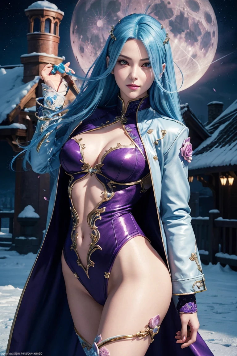 KOF,King of Fighters,Cooler・diamond,woman,Red Eyes,Light Blue Hair,long hair,Purple long jacket,Beautiful white skin,Photorealistic,Ultra HD,high quality,masterpiece,Digital SLR,Detailed details,Intricate details,Anatomical basis,Depicted in detail,A detailed face,Realistic skin texture,Vivid details,Perfect Anatomy,Perfect Anatomy,Anatomically correct hand,Anatomically correct fingers,Super Detail,Complex 3D rendering,Sexy pose,Fantasy worldview,Beautiful pale full moon,,Beautiful night sky,The petals of the ice rose flutter,Picturesque,Pink Lips,smile,