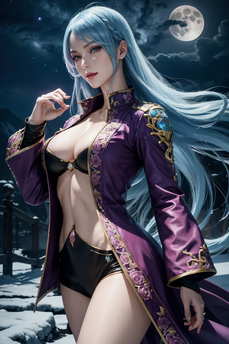 KOF,King of Fighters,Cooler･diamond,woman,Red Eyes,Light Blue Hair,long hair,Purple long jacket,Beautiful white skin,Photorealistic,Ultra HD,high quality,masterpiece,Digital SLR,Detailed details,Intricate details,Anatomical basis,Depicted in detail,A detailed face,Realistic skin texture,Vivid details,Perfect Anatomy,Perfect Anatomy,Anatomically correct hand,Anatomically correct fingers,Super Detail,Complex 3D rendering,Sexy pose,Fantasy worldview,Beautiful pale full moon,,Beautiful night sky,The petals of the ice rose flutter,Picturesque,Pink Lips,smile,