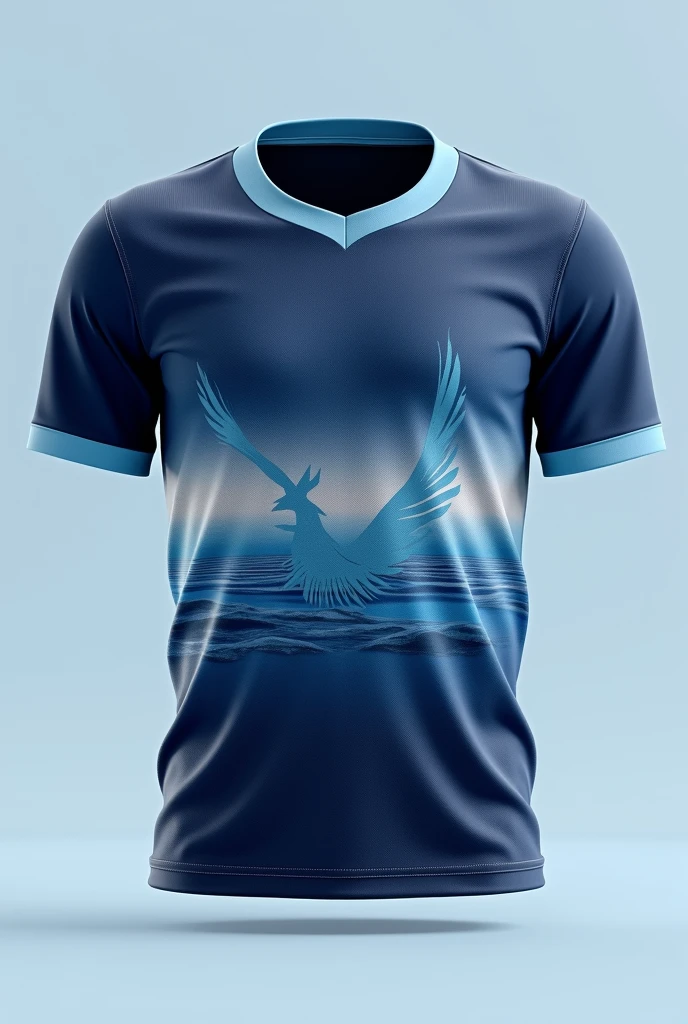 Create a jersey design with following ideas
Base Color: Midnight Blue
Design Elements:
Horizon Line: Add a horizontal line across the jersey, representing the horizon where the sky meets the snow-covered earth. The line could be a gradient from light blue to white, symbolizing the cold dawn of a winter day.
Articuno’s Shadow: In the front of the jersey, feature a shadowy, abstract outline of Articuno, subtly integrated into the design with a slightly darker shade of blue.
Reflective Elements: Use reflective, icy blue accents on the collar, cuffs, and hem, creating a cohesive and stylish look.