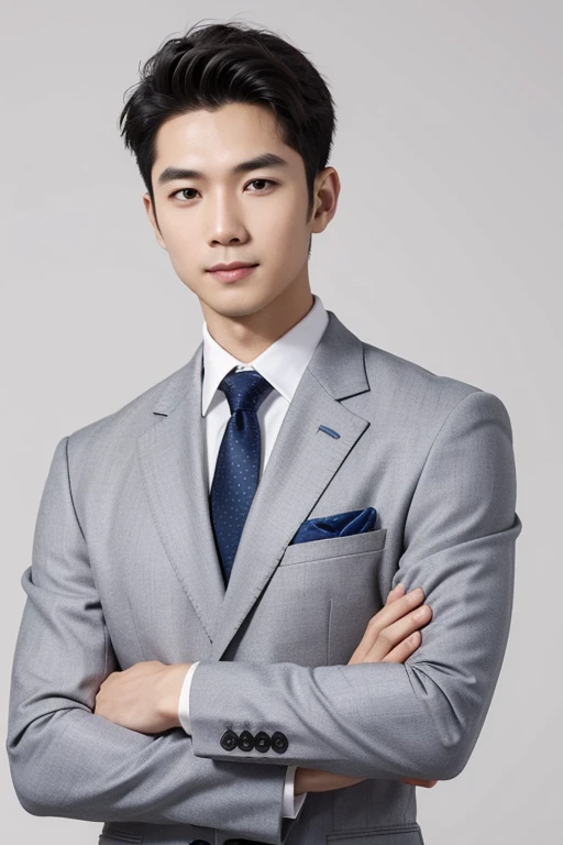 4 Thai man, financial advisor, front view, slight smile, warm look, wearing a suit, white background
