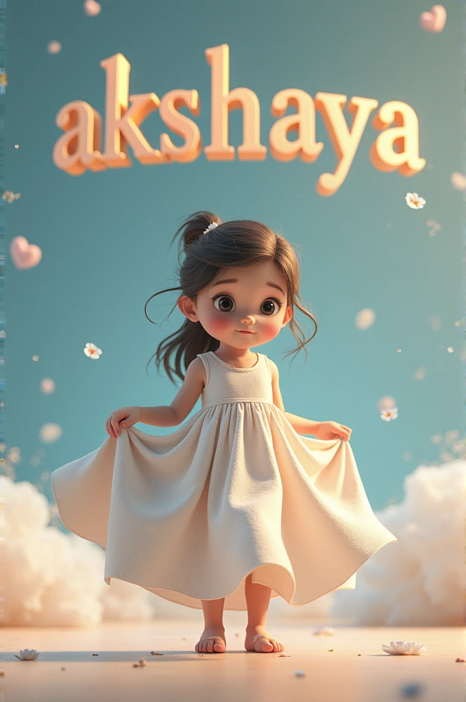 girl who measures 1.20 wearing a dress and lifting the skirt of the dress, a beautiful 3d text “AKSHAYA” in background
