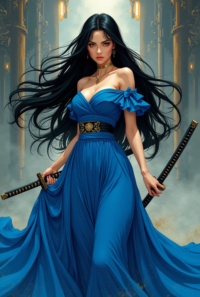 manhwa style/manga a woman with black hair and long golden eyes holding a katana dressed in a blue dress and standing majestically