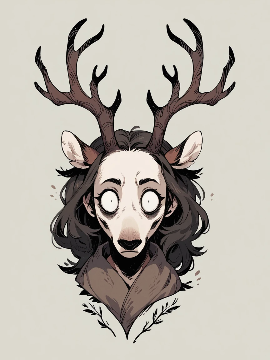 score_9, score_8_up, score_7_up, score_6_up, w00f, simple background, 1girl, blank eyes, antlers