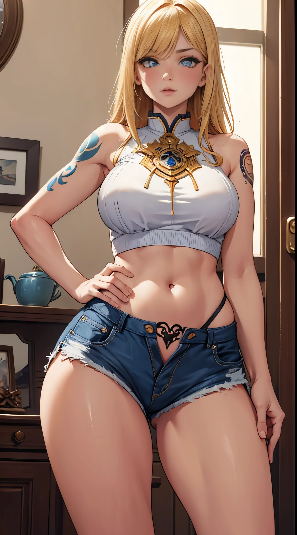 Beautiful Caucasian Girl, Blue Eyed, Golden Hair, He has several tattoos all over his body., Wearing shorts, The outline of her thighs is clearly visible, Wearing a short blouse, Show me your belly