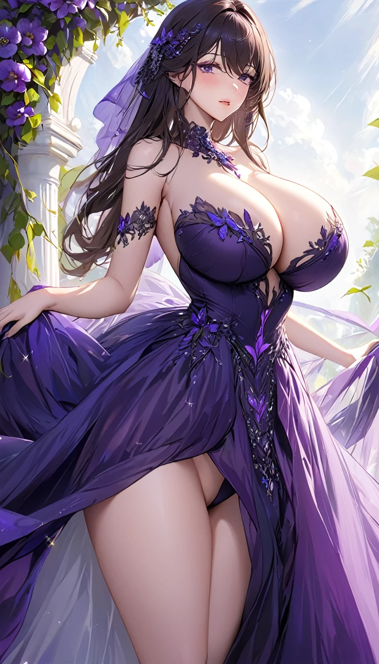 masterpiece:1.4,best-quality,Super Detail,Very Delicate and Beautiful,  beautiful woman, very gigantic breasts, very slender, dark purple ball gown