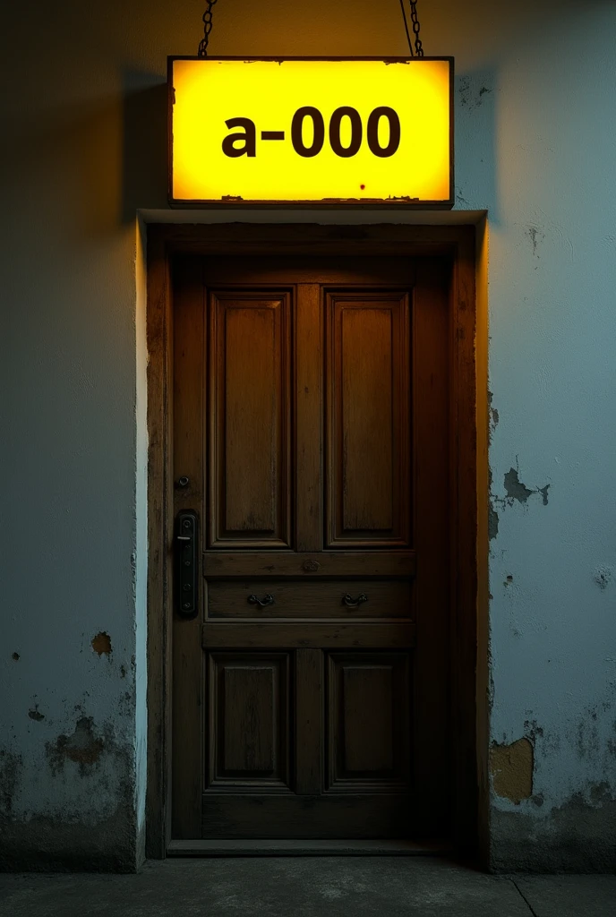 A brown wooden old door in the full dark in a white wall with a yellow bright sign that says exactly "A-000"
