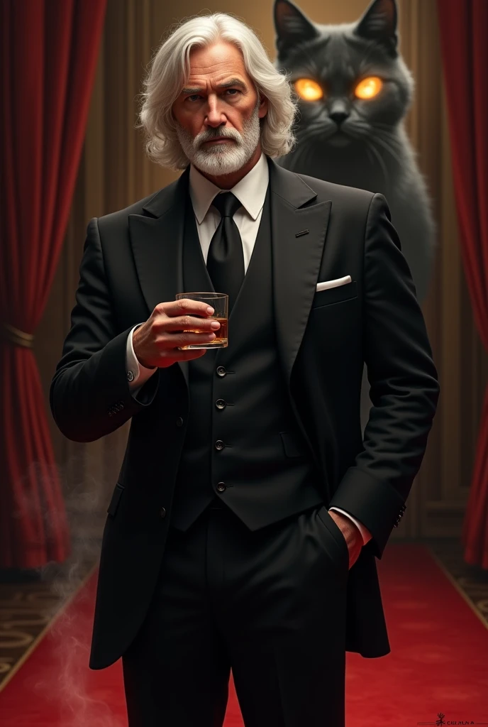 Create a realistic image where a man with mid long white hair and beard wearing black luxury suit and standing on luxury floor with red carpet, he's holding a whiskey glass in his hand and second hand in his pants pocket, there is smoke in background a shadow of cat and cat's eyes is glowing in yellow colour. In background the name "Kristoff" is showing in bold effects just attached above the chair the head of the character as per his name.