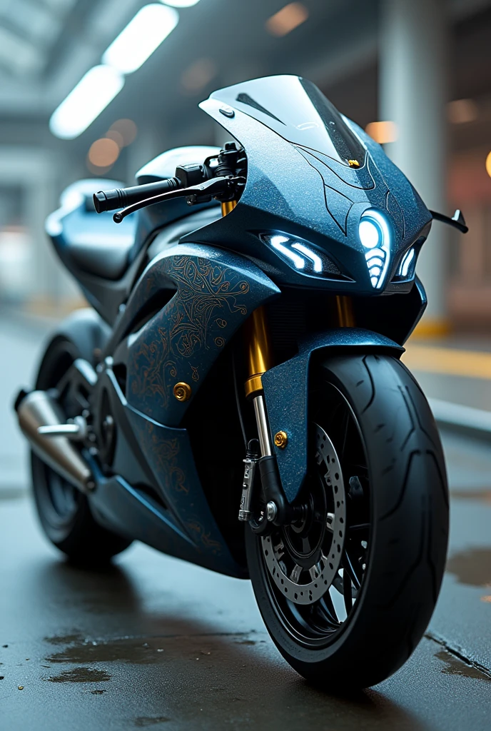 Blue Suzuki Gxs R 250 motorcycle with a single headlight and that looks like a mechanical animal like a shark