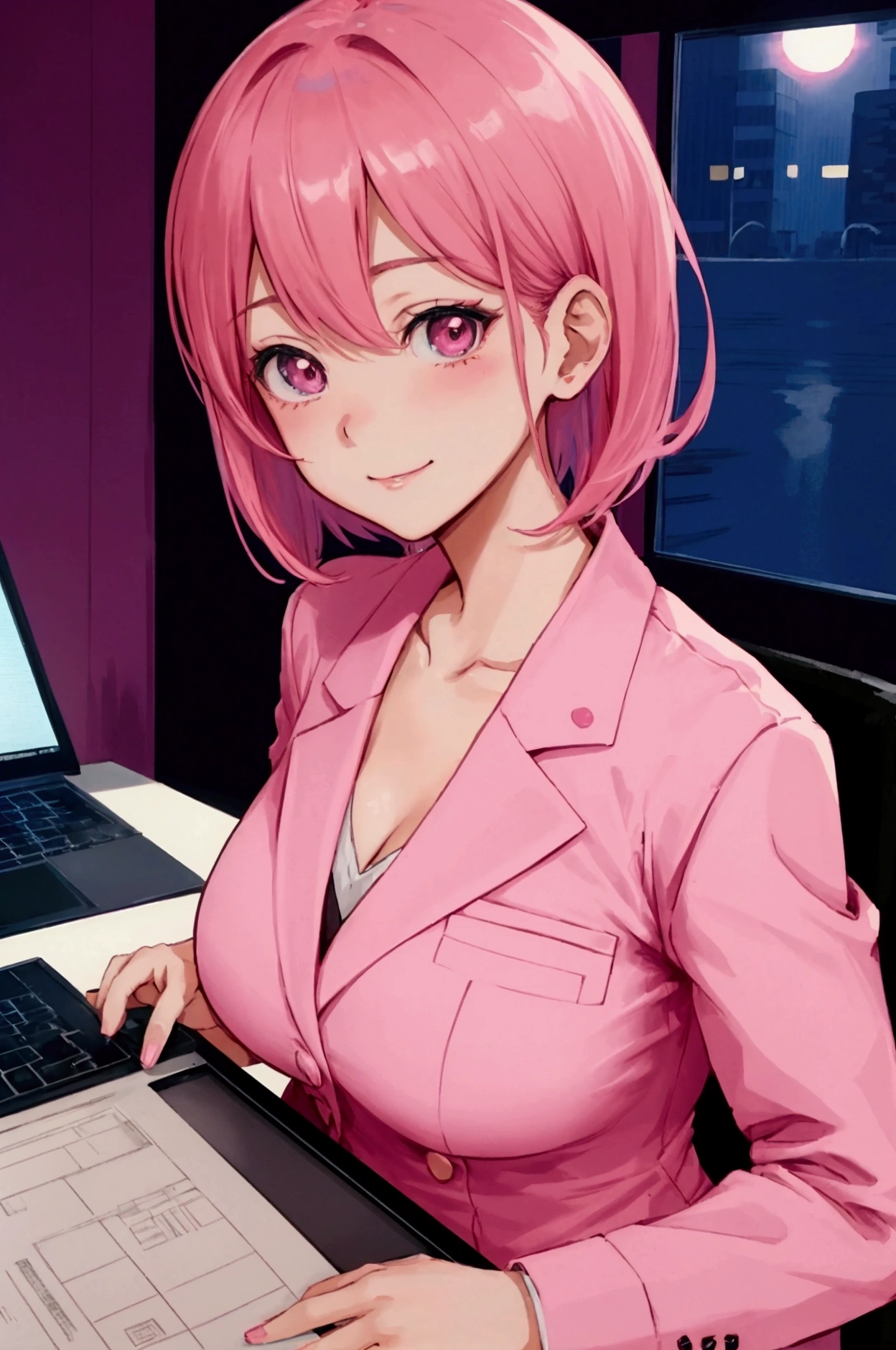 "A close-up, manga-style illustration of a girl in an office lady suit with a pink, very short haircut, laughing while using a laptop at a bar at night. The image should focus on her upper body, particularly from her chest to her face. The art should be of the highest quality, masterpiece level, with a very aesthetic and beautiful appearance."