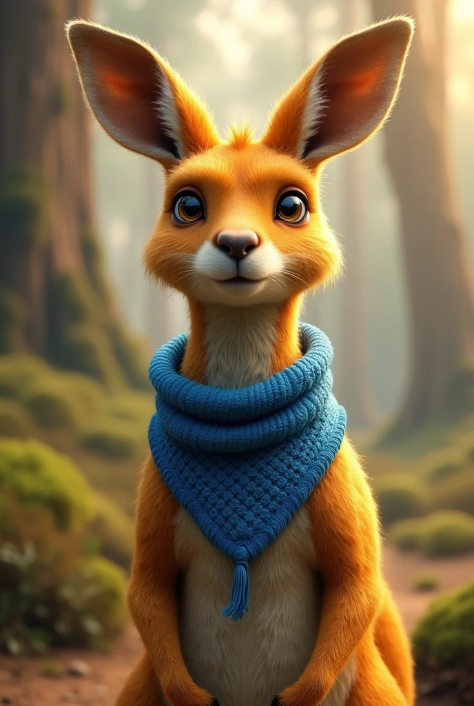 a royal Australian kangaroo with yellowish fur and sparkling white eyes , wearing a blue scarf around his neck