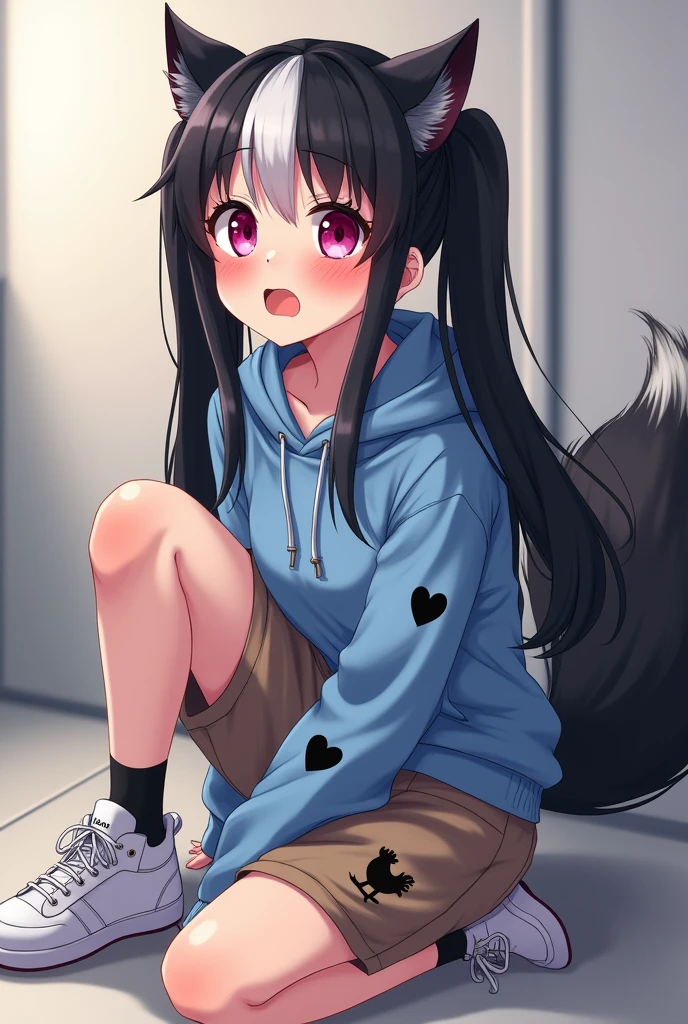 Beautiful 1 skunk girl. Teenager high school. Anime lesbian Skunk girl with ears and tail. Lesbian Skunk girl with ears and tail blushes and cries being in love with cute lesbian girl like you and she wanna tell you She is a futa and you said you like futa girls so she says "I love you". High school teenager. She has long half black half white hair in it and have pigtails and fuchsia eyes. She wears a blue hoodie with black hearts on it, brown shorts with shape of small cock inside and white sneakckers and black shocks. . Seventeen years old. She blushes and cries being in love with cute lesbian girl like you and she wanna tell you She is a futa and you said you do like futa girls so she says "I love you" .