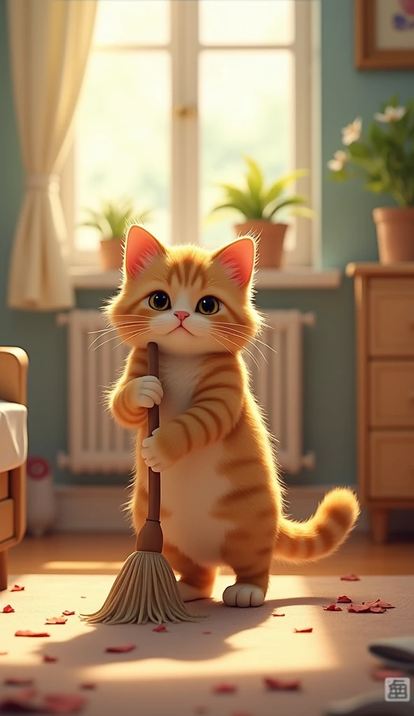The cat is sweeping his room