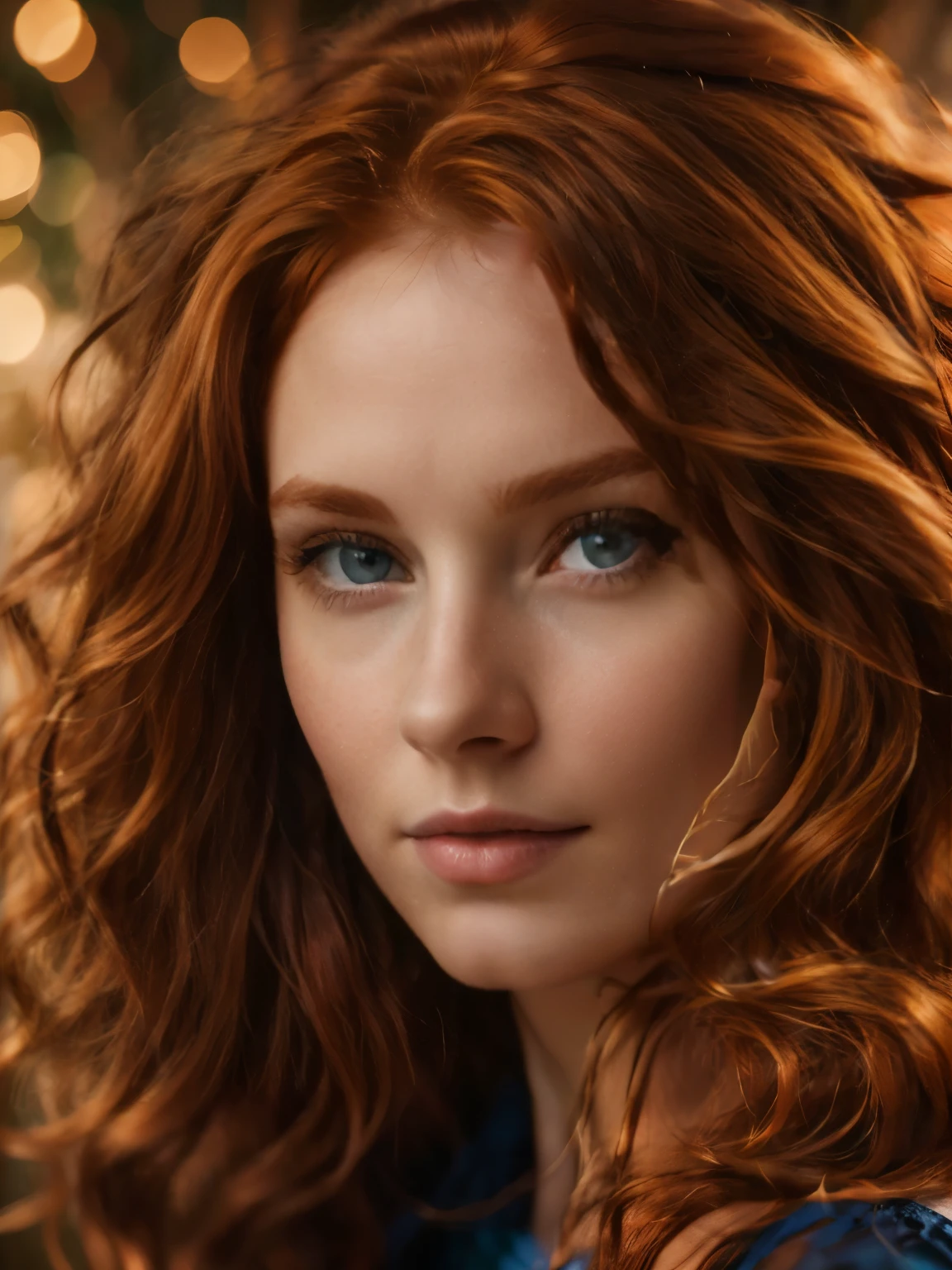 Hyper realistic UHD 4K image, photographic quality portrait of beautiful woman, redhead, long hair curly, blue eyes,Masterpiece