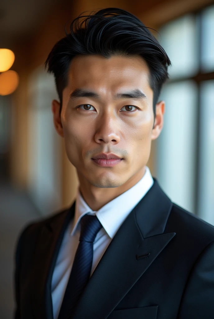 Belle homme en costume type japanese jeune muscle blond au yeux bleu, Photographed with a smartphone, Selfie, Top quality, 1 beautiful men, Perfect Face, Japanese men, age 41, suit, short hair, black hair, 