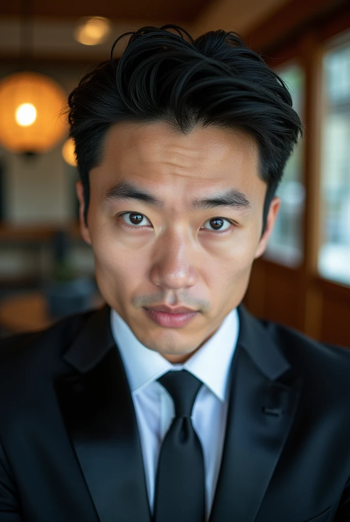 Belle homme en costume type japanese jeune muscle blond au yeux bleu, Photographed with a smartphone, Selfie, Top quality, 1 beautiful men, Perfect Face, Japanese men, age 41, suit, short hair, black hair,