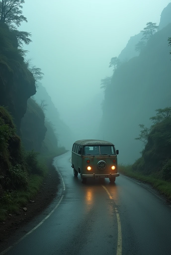 cinematic, photo realistic film poster of an old van travelling through a steep hairpin turn road in a distance, early morning, mist, Darjeeling outskirt road