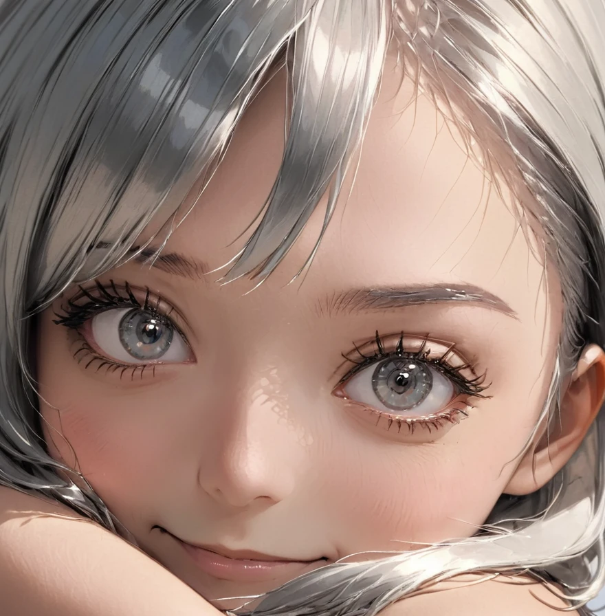 a woman in a yoga pose, serpentine pose, BREAK  ((shiny silver hair)), bob cut, bang between eyes, beautiful hair), (glossy silver eyes:1.5), (beautiful eyes, twinkle eyes, large eyes, close eyes), look at viewer, BREAK (athlete body, big breasts), cute face, beautiful face, pretty face, beautiful, best quality, good anatomy, long eyelashes, expressive eyes, Perfect Hands, BREAK white and pink leotard, black tights, embarrassed, smile, white background,
