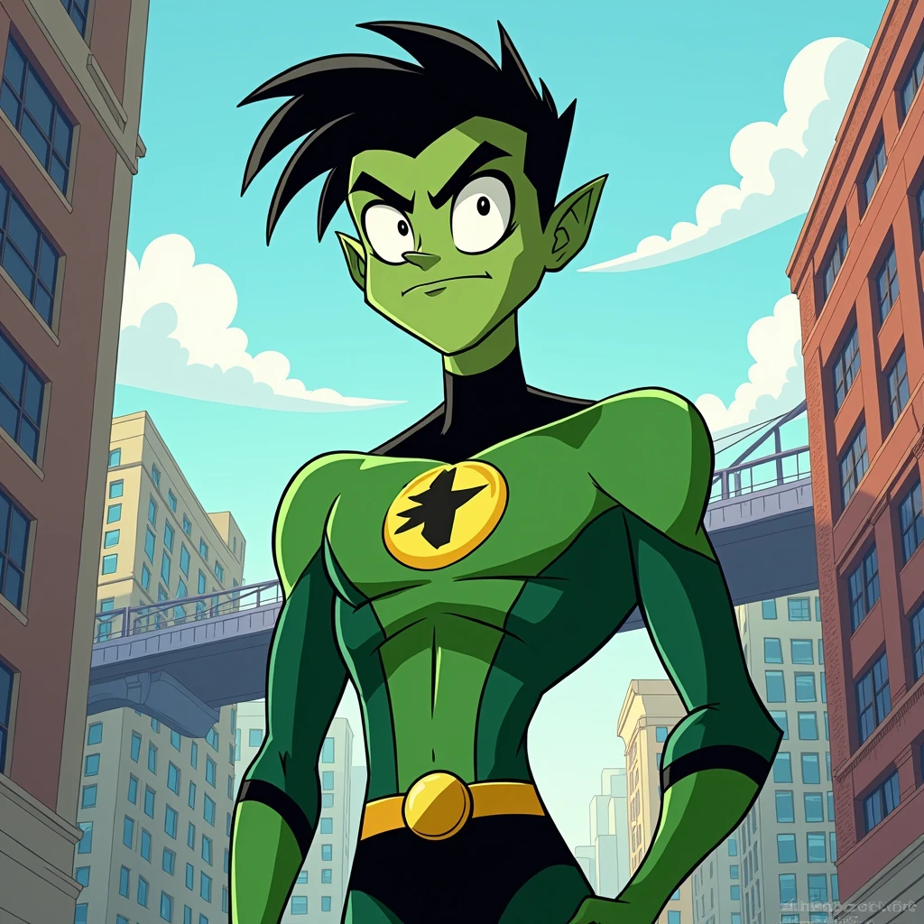 Beast boy cartoon design without body and tall and without big head in teen titans animation in the city