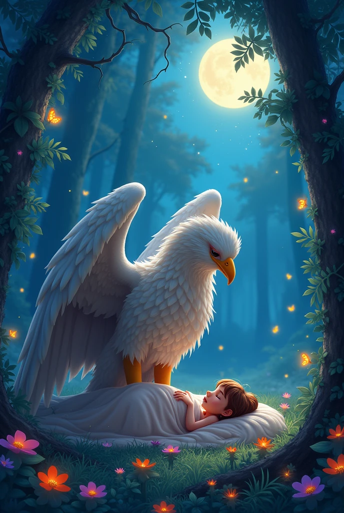 Forest Massif, fog, Night Bright Stars, The moon is not full, The Girl Lies Under the Tree Leaning on the Soft Fur of the Griffin Next to Her Lies Next to Her the Griffin Majestic Huge Covers Her with His Wing, Protects, Forest Animals are watching What is happening, moths are flying and circling, they are shining with wonderful colors, flowers are growing, decorating the place, a very beautiful view, Breathtaking Picture, Peace and Beauty, cartoon, in the style of Pixar, Colorful Colors, vines braid and amazing flowers trees