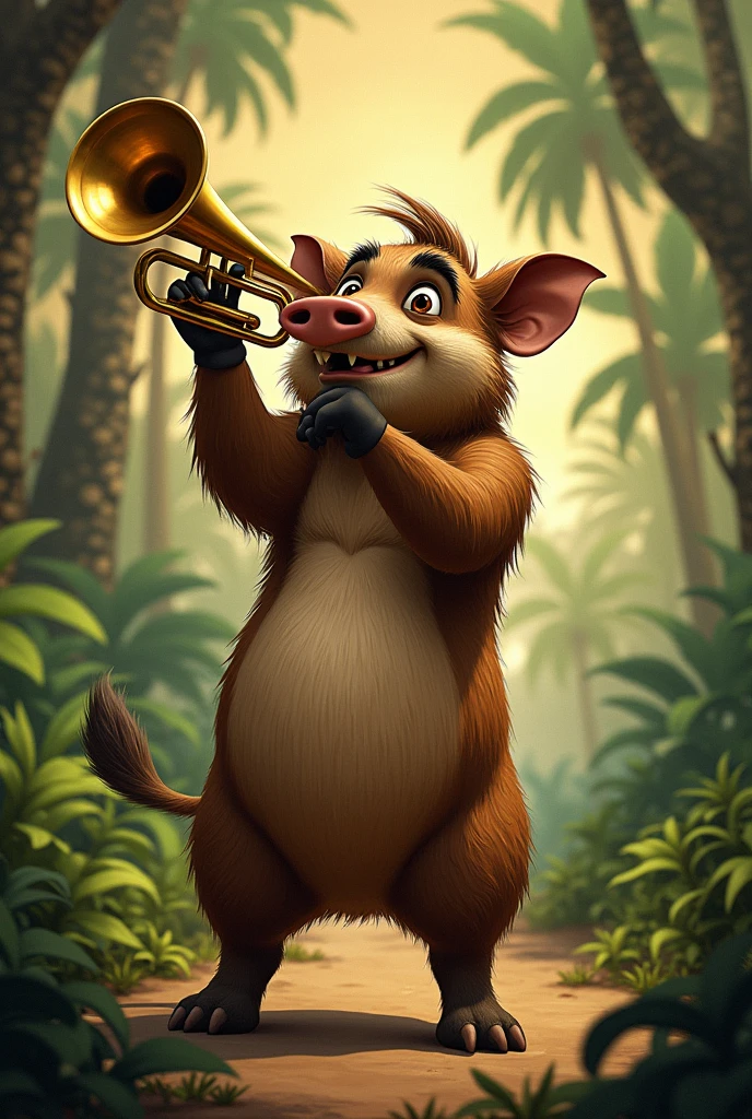 Boar Timon from the Lion King playing trumpet 
