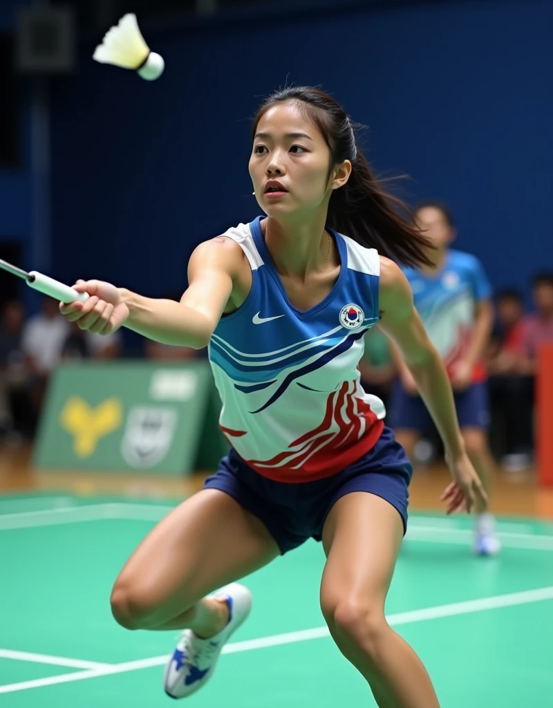 (Photorealism:1.2), beautiful woman, She is playing badminton.. South Korea national team player. Shuttlecock
