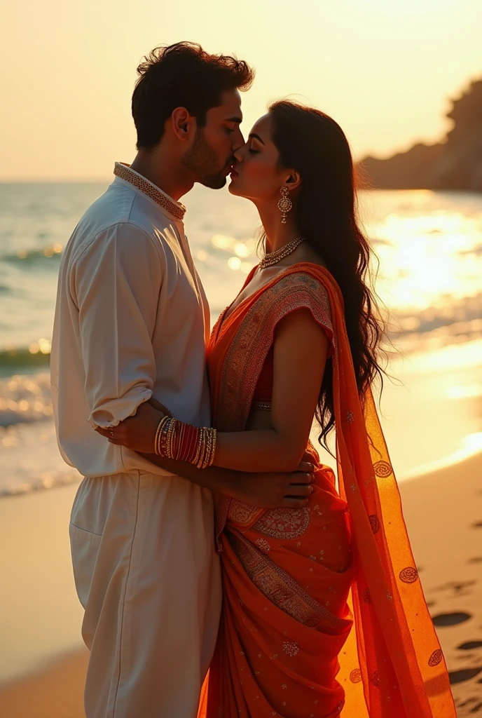 (photorealism:1.2),indian beautiful woman, in the beach wearing  saree and earning and Jwelerry and kiss with her 1 boy friend

