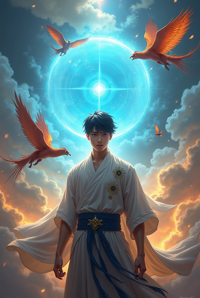 This is a carefully designed fantasy portrait,Depicts a man of great stature、Strong-willed、A seventeen-year-old boy with spiritual energy, A huge bright blue light appeared behind him., Shiny black hair, Dragons and phoenixes fly, Golden Light, Chinese martial arts styles.