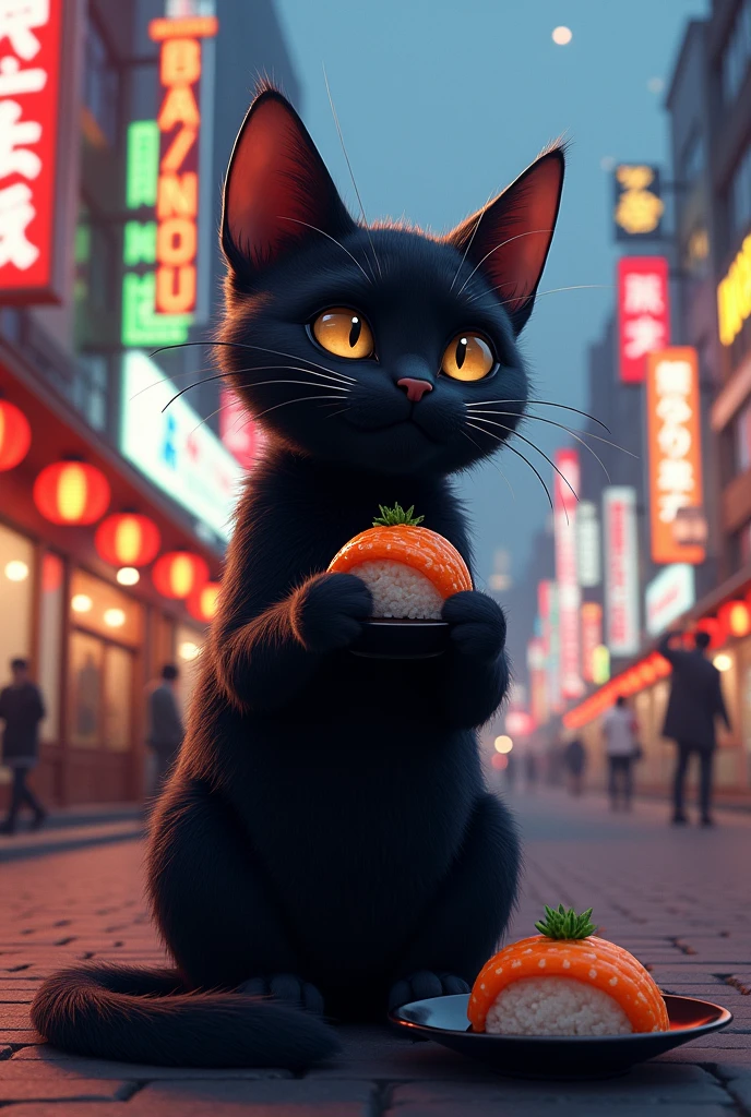 Black cat with tokyo street eat sushi's