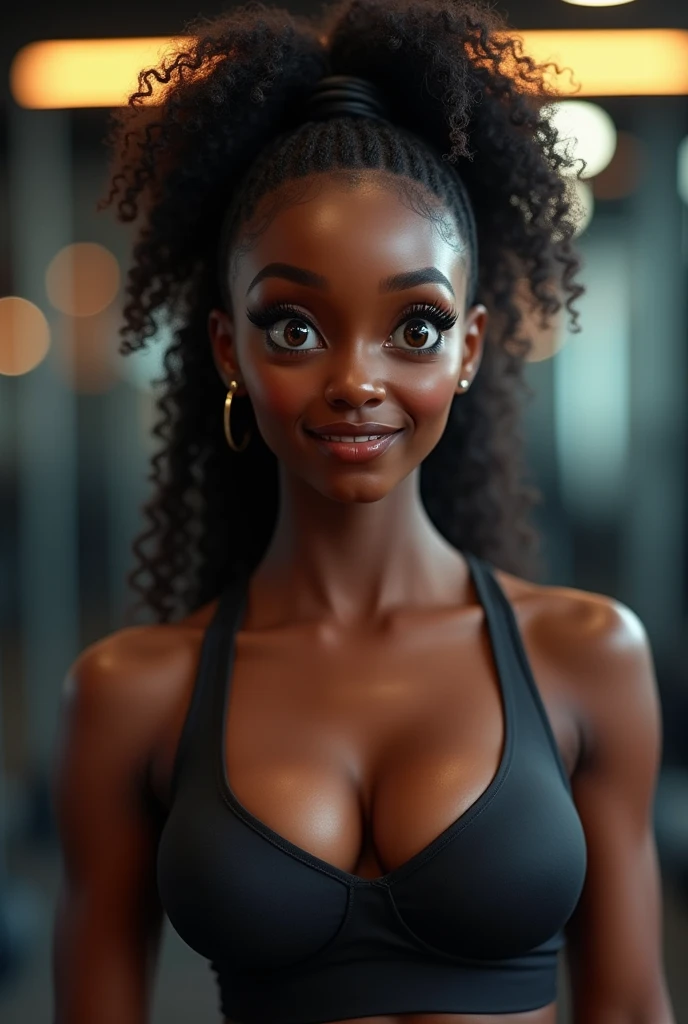 ((African dark skin, Very deep ebony skin)), ((Your beauty is undeniable)), ((Animated cute face)), ((hyper detailed perfect eyes,)), ((cute pose)), ((Language output)), ((seducer )), sexly, (( Tight knit shirt, shorts quadras sexly)), ((Long curly African afro ponytail,)), (( Skinned)), ((standing, from front view)), ((Treinando in gym)), ((in gym)), Sharply focused CGI, photorrealistic, high détail, realisitic, work of art, absurdists, best qualityer, HDR, high qualiy, High definition, extremely detaild, 8 k wallpaper, details Intricate, 8k hd, Full HD, (photo realist:1.2), sharp contrast, intense lighting, cinematic lighting, natural lighting, strong light, contra-luz, Global illumination, ambient occlusion