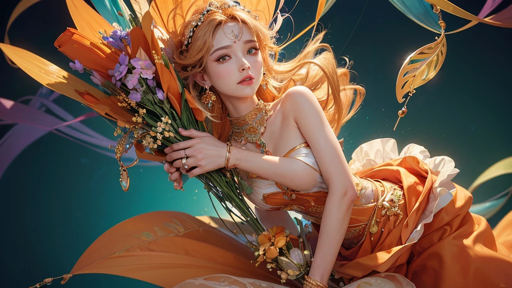 32K, 最高quality, 最高masterpiece, (ultra-Detailed Background, Detailed Background), High resolution, Super detailed, Very detailedな, 1 personの, (bouquet:1.3), (Tangled:1.2), (Geometric:1.2),(colorful),(masterpiece, quality, best quality, Official Art, Beautiful and beautiful:1.2), (1 person:1.3), Very detailed,(colorful:1.1)(Flowers:1.3),Most detailed,(Tangled:1.2), whole body, (Abstract background:1.3), (Skin glows), (Many colors:1.4), ,(Earrings Jewelry:1.5), Pale Orange Background, It's imaginative., Flaxen Hair,