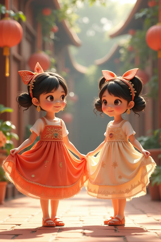 2 girl who measures 1.20 wearing a dress and lifting the skirt of the dress, a beautiful 3d text “AKSHAYA” in background 
