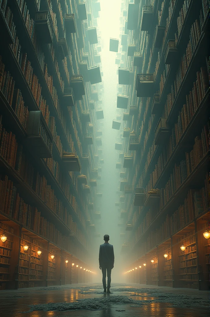 Please draw a picture of a person standing in the middle of his subconscious which is a large, spacious library room with huge floating bookshelves