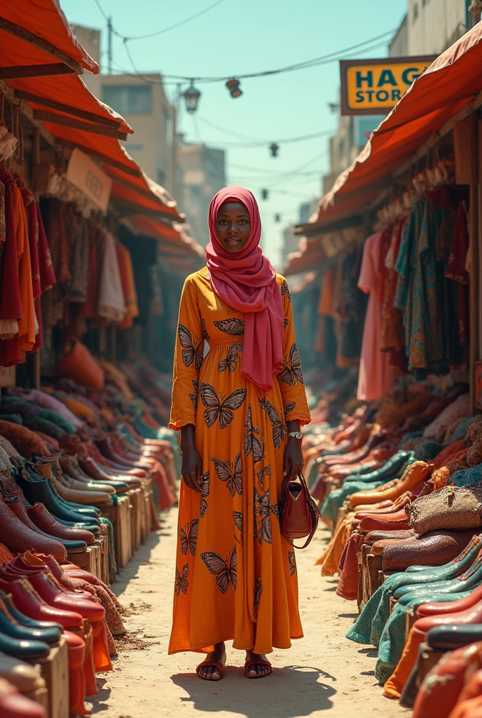 An African woman wearing Hijab selling footwears, clothes and bags in a beautiful modern market called "Haggy Stores " written boldly 