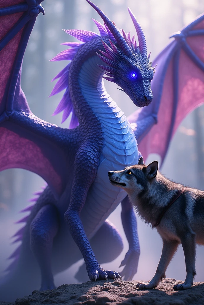 That one is better but the dragon with purple scales with blue eyes and with wings to the wolf with gray and black fur