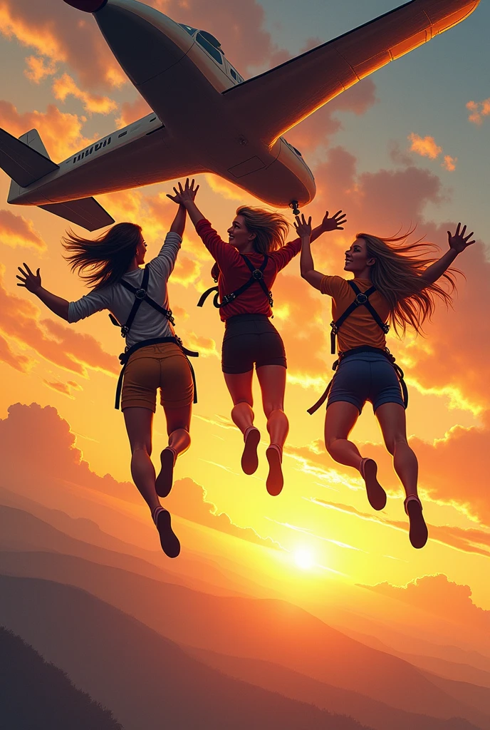 Create an artistic style illustration of three women jumping out of a small plane at sunset and you can see the wind hitting their faces hard.
