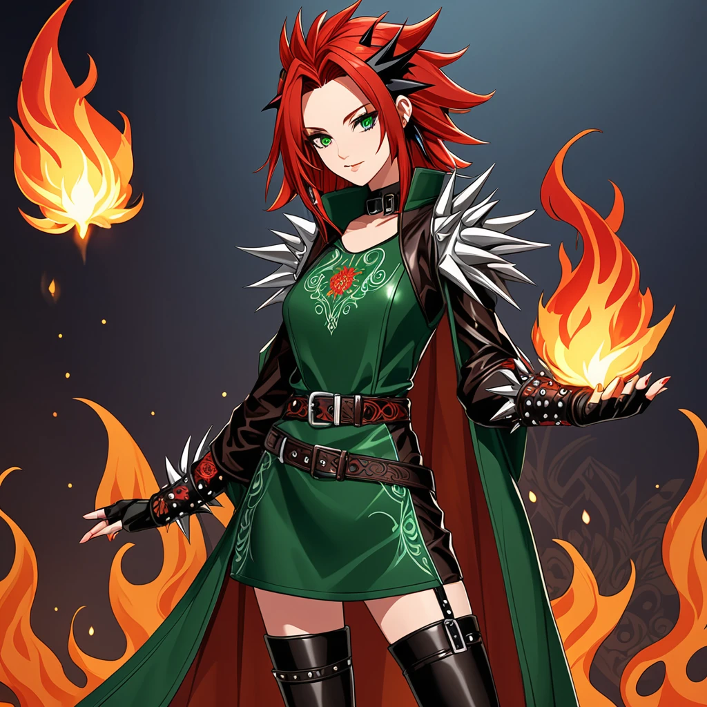 A adult woman with short, spiky red hair adorned with a single black streak, styled to frame her face. She has piercing emerald green eyes. She wears a practical yet stylish outfit consisting of a fitted leather tunic in shades of dark brown and red, with intricate flame patterns embroidered on the sleeves. The tunic is paired with sturdy, knee-high boots and fitted pants that allow for easy movement. She accessorizes with a leather belt with a silver buckle and a pair of fingerless gloves. A small flame-shaped tattoo on her wrist adds a unique touch to her appearance,