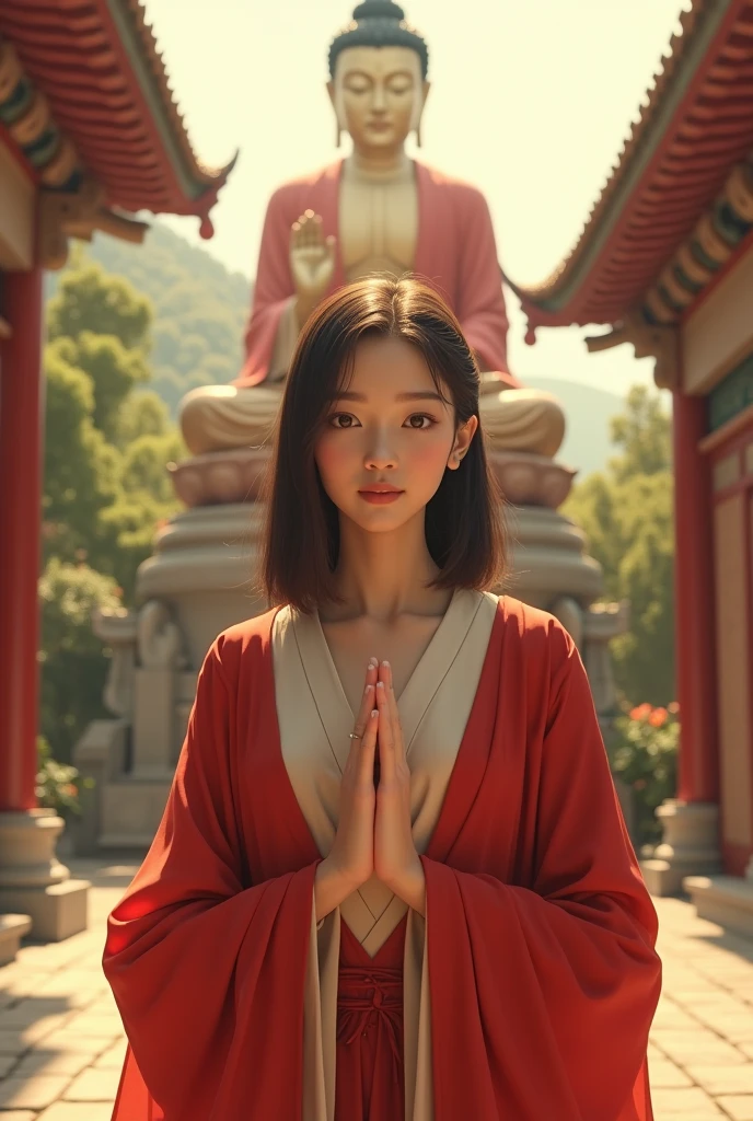 ((((8ก))),((CG Very detailed)) ,(Wallpaper),16ก,((Very refined and beautiful.)),(((Masterpiece))),(((best quality))),(((Ultra high resolution))),Lights up beautifully,perfect lightning,realistic shading,[High resolution],(Smooth, flawless skin:1.5),(Pale skin:1.3),Very exquisite facial details,(perfect body:1.1),Very detailed,beautiful girl,alone,(small head:1.2),(headdress:1.3),(Shoulder length straight bob:1.2),(small face:1.2),Exquisite makeup,(gigantic bust:1.6),(Towering Ark:1.6),((thin,thin)),be happy,(smile:1.2),(shirt collar:1.2),(An exquisite red cloak:1.5),(too:1.2),(Scene of the day:1.5),(outdoor:1.2),(In the courtyard of a Chinese Buddhist temple:1.5),(bright sunlight:1.2),(Detailed background:1.5),(stand:1.3),(In front of the Buddha statue:1.3),(Join hands in faith:1.3),(upper body:1.3),(from the front:1.3),(smoke:1.3),(Surrounded by crowds:1.5),(winter:1.2)