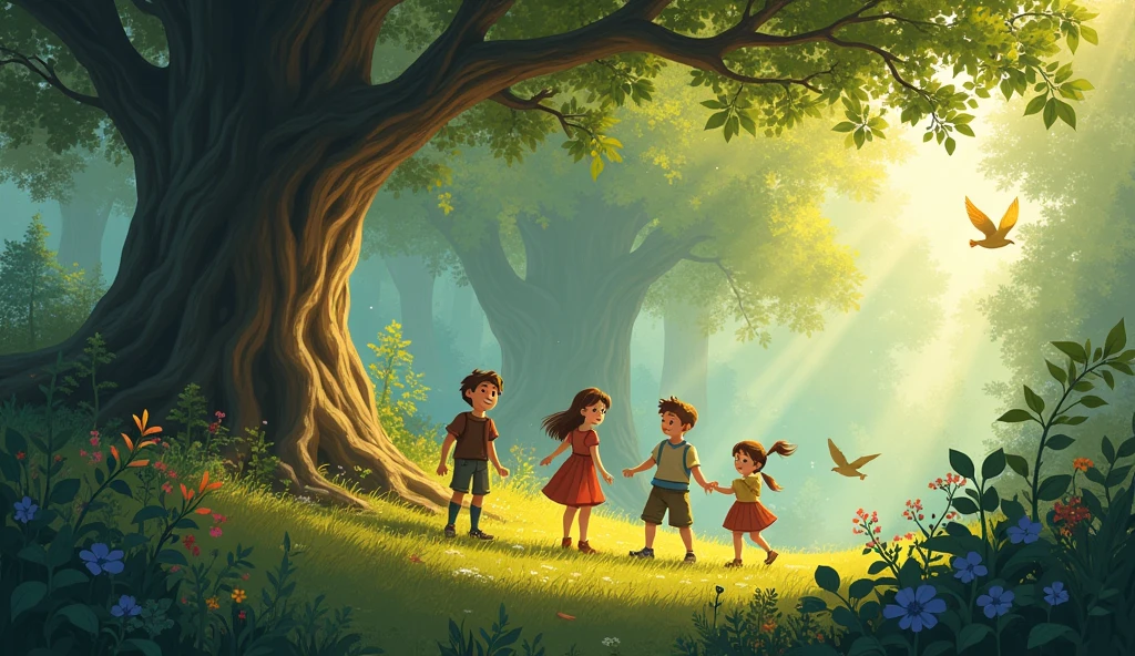 A small village at the edge of a vast, ancient forest. Four children (Sarah, Jake, Lily, and Tom) are playing near a large oak tree. The scene is set on a sunny day with rays of sunlight filtering through the dense canopy. The forest is alive with vibrant colors, singing birds, and lush greenery.