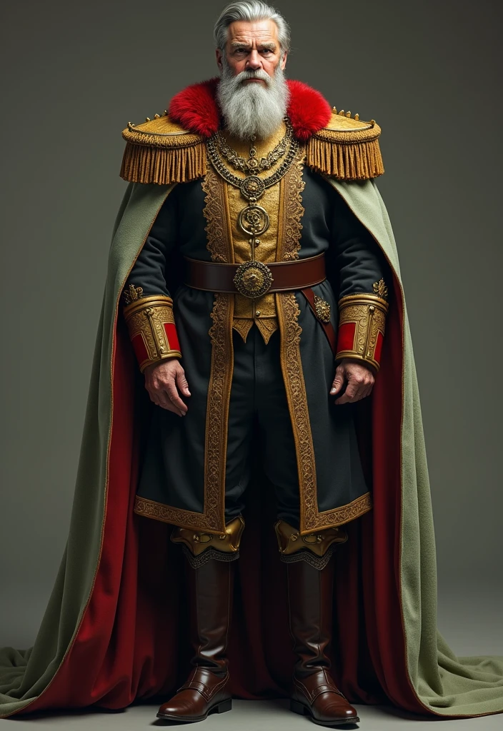 Age around 50, tall, fair-skinned pronounced cheekbones, gray slicked up hair, bushy eyebrows and beard almost reaching his neck. a gold trimmed black royal uniform along with a red furry collar and gold spiky shoulder pauldrons in which a pale green cape sits on, brown pointed shoes.