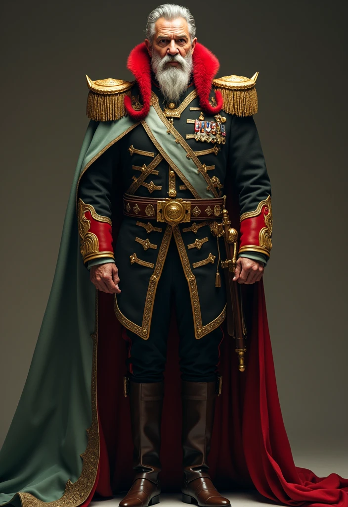 Age around 50, tall, fair-skinned pronounced cheekbones, gray slicked up hair, bushy eyebrows and beard almost reaching his neck. a gold trimmed black royal uniform along with a red furry collar and gold spiky shoulder pauldrons in which a pale green cape sits on, brown pointed shoes.