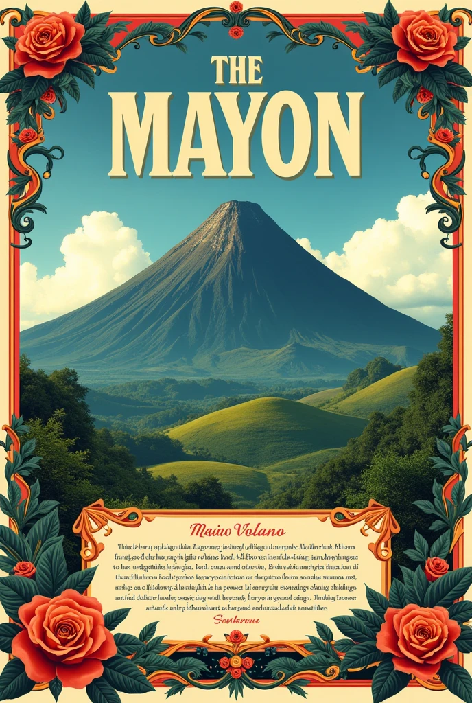 Give me a filipino style poster making about Kristian Sendon Cordero's description of Mayon.