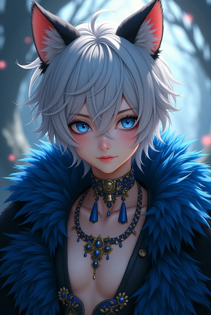 A very attractive 2 boy with silver hair and very vibrant blue eyes, Cheshire Cat themed clothing, flirtatious but firm look, few extravagant clothes, silver and blue cat ears, Bell collar and blue and black fluffy fur coat, quite manly.