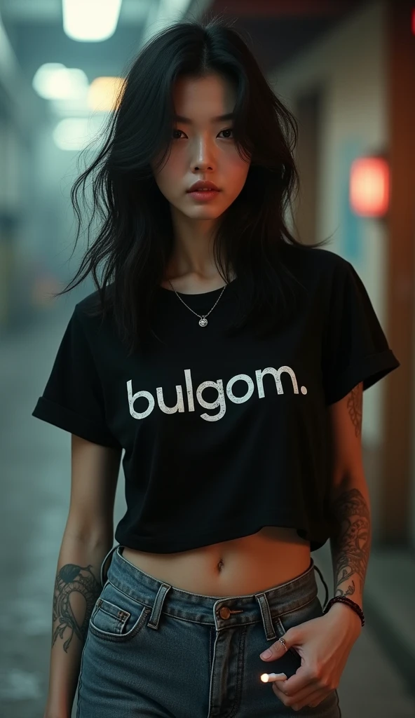 Beautiful korean tattoo woman, black hair, black t-shirt with bulgom written on it, jeans, smoking cigarettes, yakuza vibes, light colors