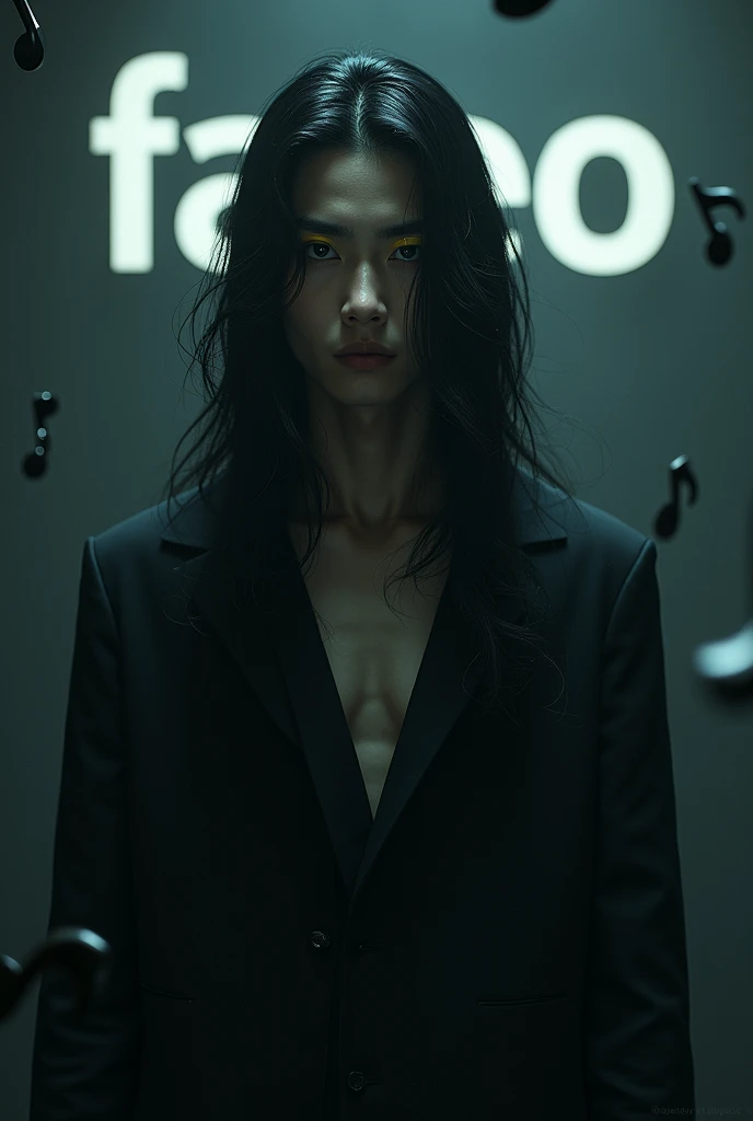 Asian boy man in a dark place that looks like DPR ian who has long hair and yellow eyebrows that the word faceo is written in the background and that there are black musical notes around him and that they look transparent